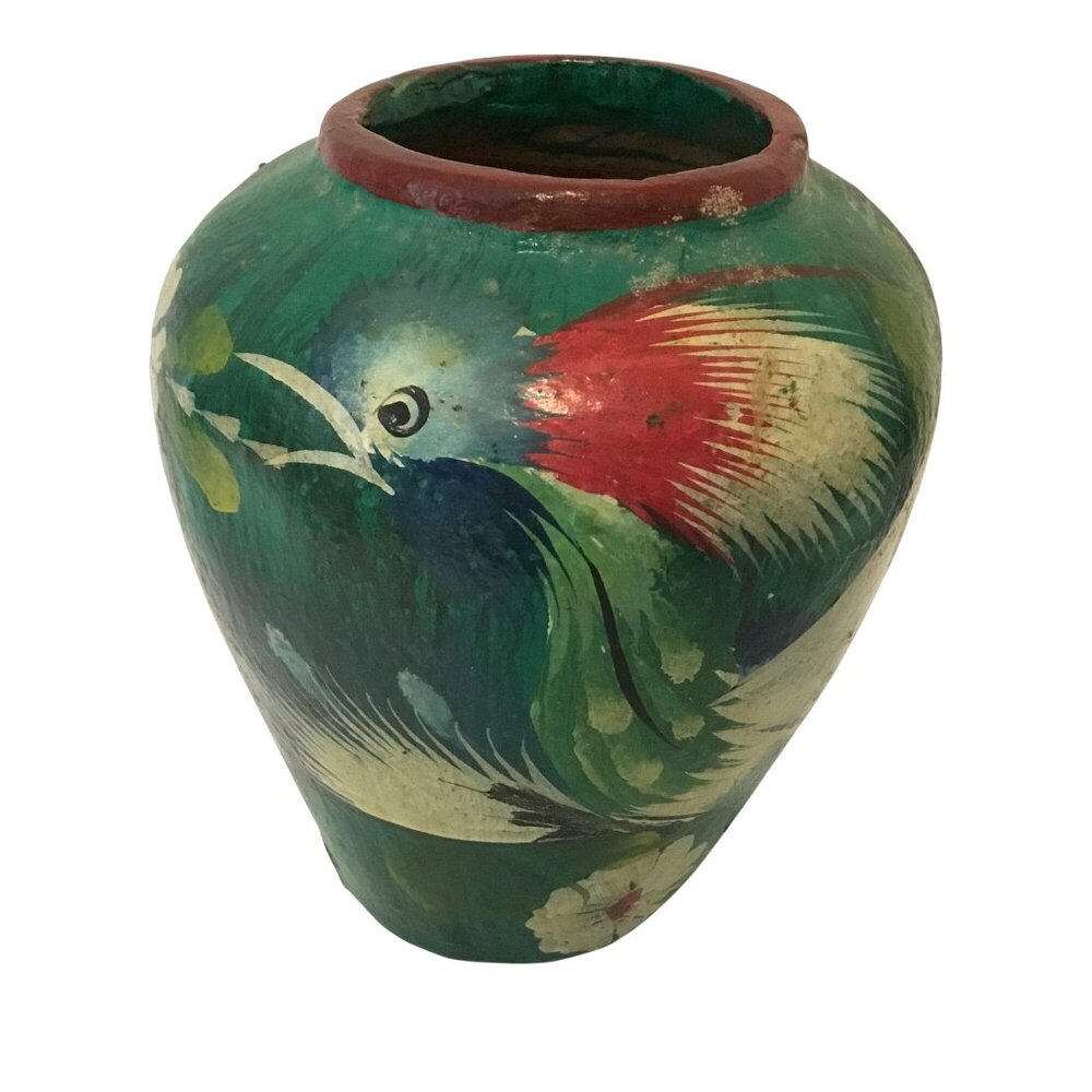 TONALA Signed Grabber Vase Bird of Paradise Mexican Pottery Hand Painted VTG 40s